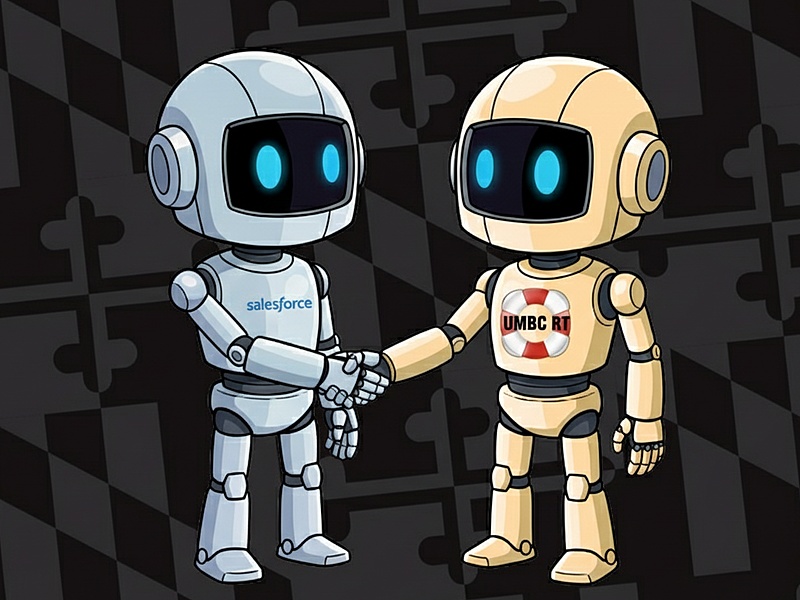 Two robots shaking hands in collaboration. One robot has the Salesforce logo on it and the other robot has the UMBC RT logo.